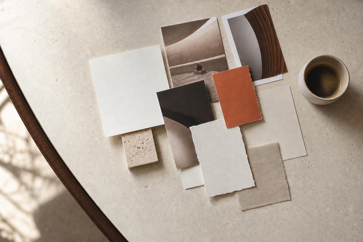 Paper, photo crops, material samples, and a coffee cup arranged as a visual direction board