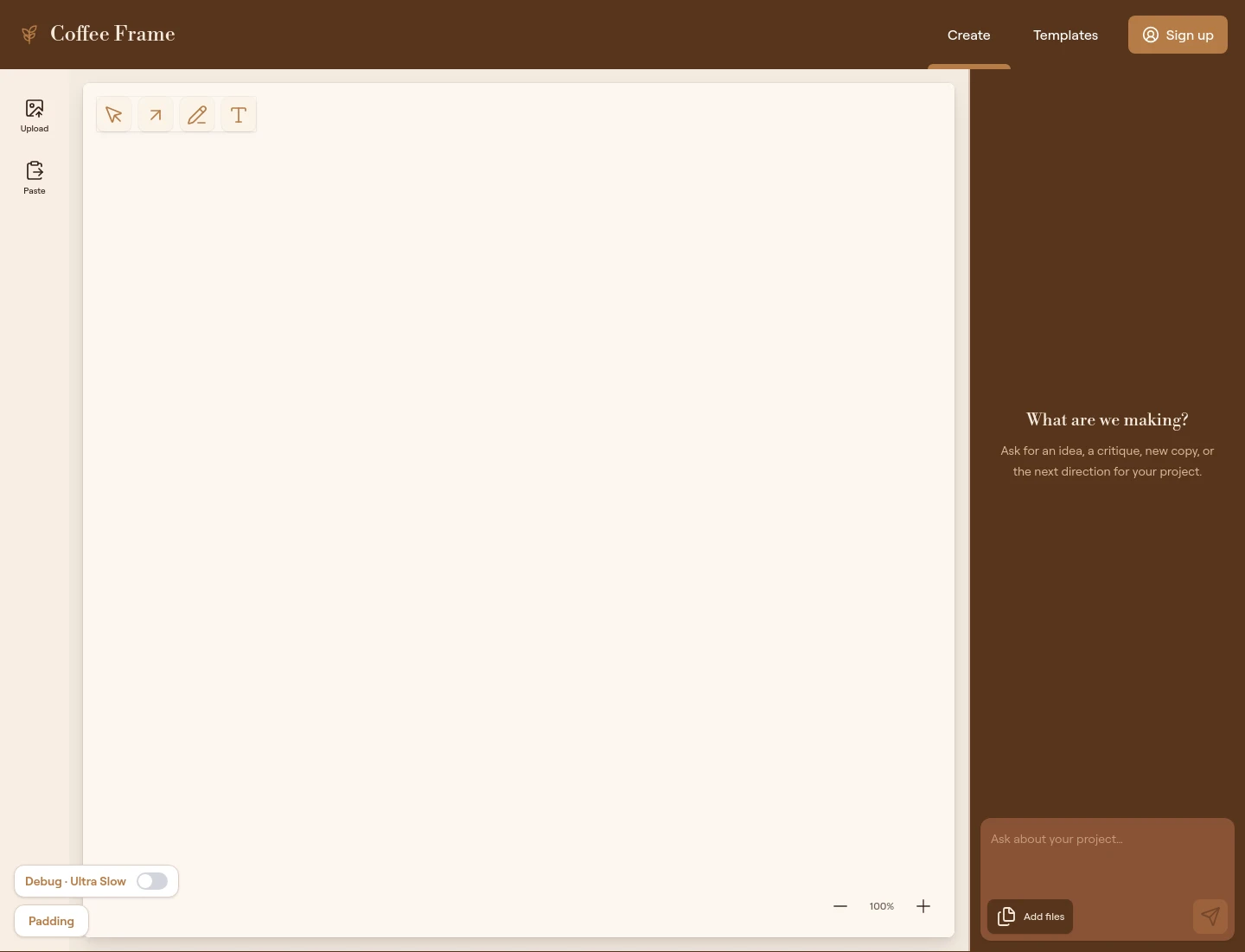 Current Coffee Frame editor on desktop
